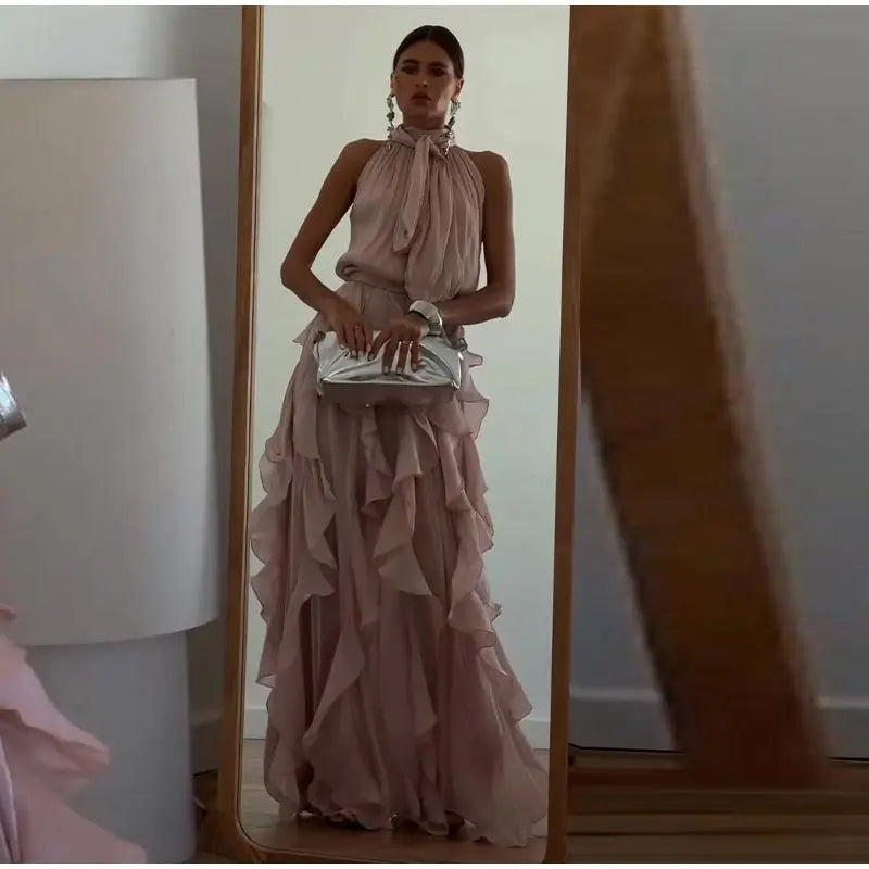 Sexy Cascading Ruffle Pleated Women Long Dress Fashion Lace Up Sleeveless Empire Female Dresses 2026 Spring Summer Lady Robe New