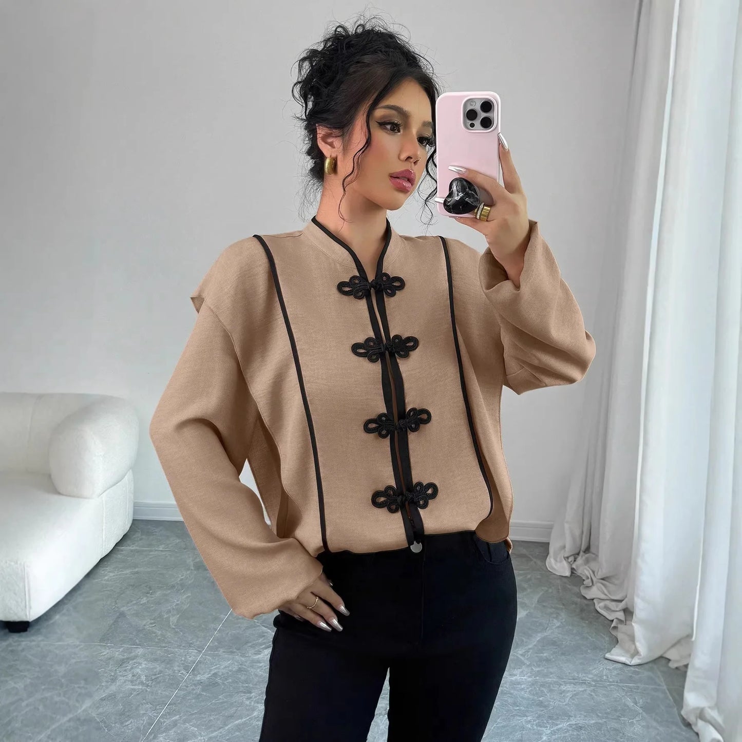 fashion Europe America Features Chinese Knot Design Long-sleeved Ethnic Style Which Casual The New Cross-border Women Shirt