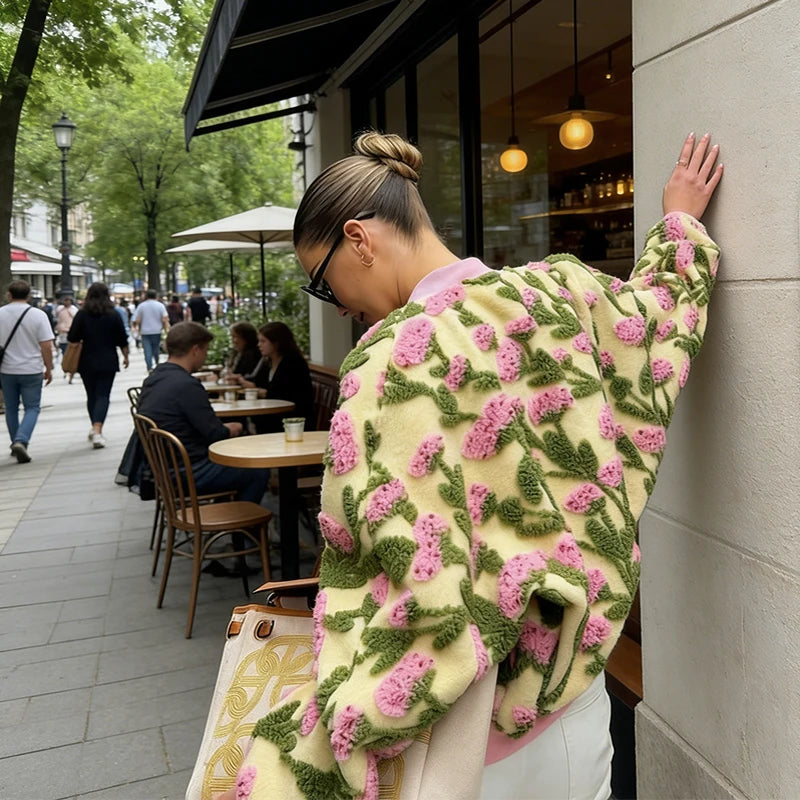Cute Dreamy Flower Plush Bomber Jackets Chic Oversized Long Sleeves Zip Up Fleece Coat 2026 Casual High Street Women's Clothes BAZAARHUBO