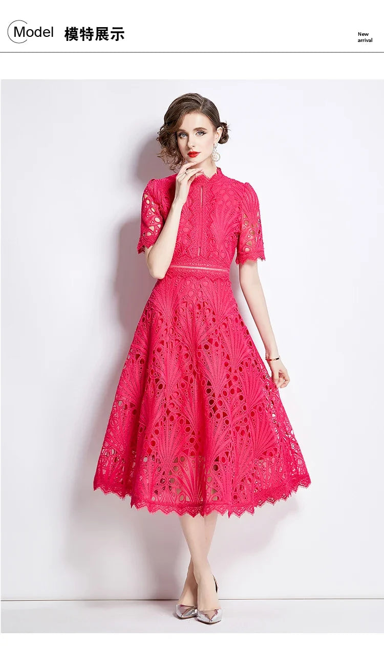 SMTHMA Vintage High-End O-Neck Short Sleeve Lace Hollow Out Dress For Women's Summer Slim Elegant Long Dress Female Clothing