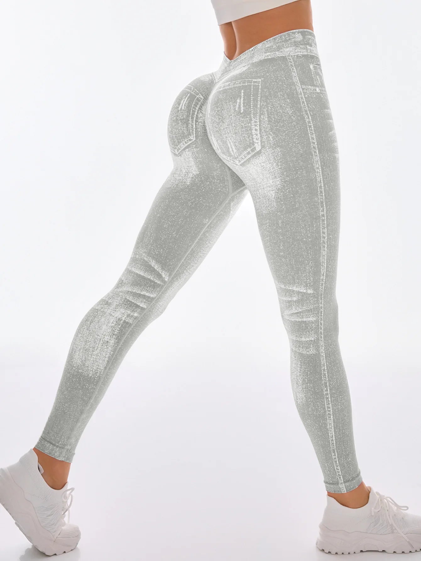 Women V Back Faux Denim Leggings For Gym Workout Athletic Yoga Pants Seamless