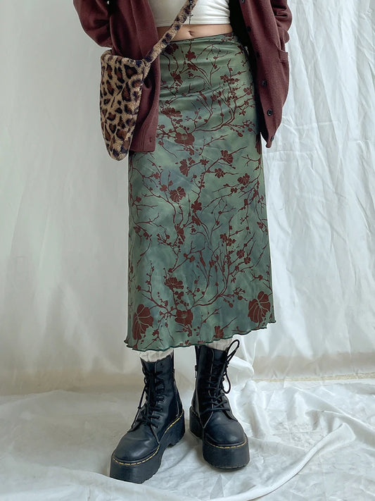 Women's Floral Print A-Line Long Skirts, Cute Y2K Clothes, Aesthetic Grunge, Low Waist, Vintage Preppy Skirt, Fashion, 2022