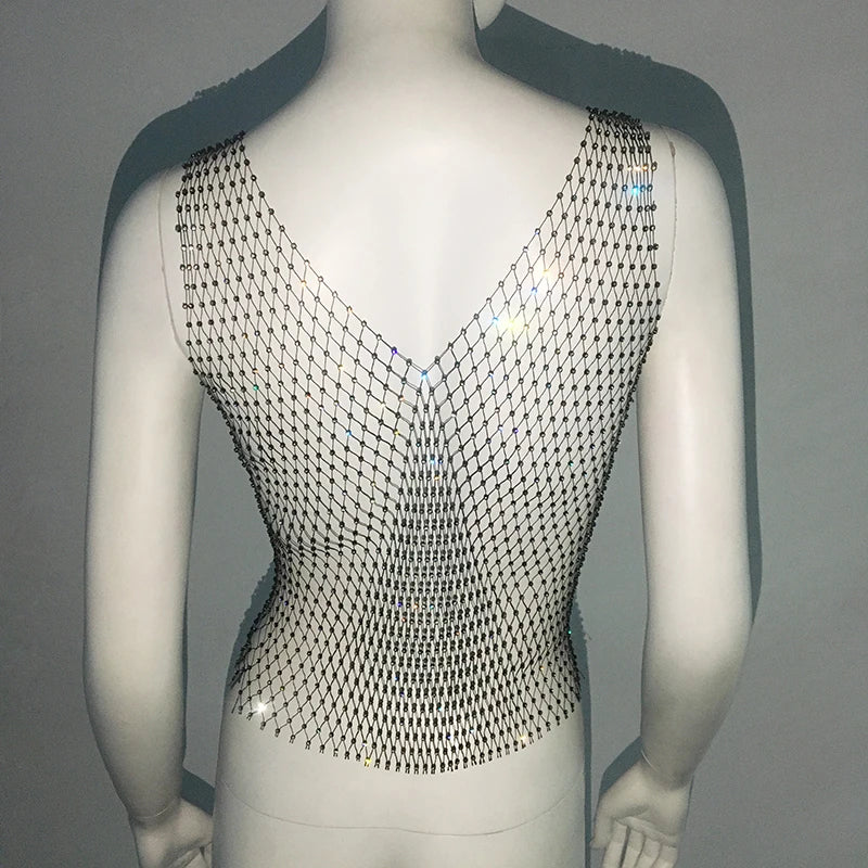 Sexy Shiny Rhinestone Fishnet Women Y2K Tank Tops See Through Crop Top Summer Beach Cover Up Tops Party Nightclub Women Clothing