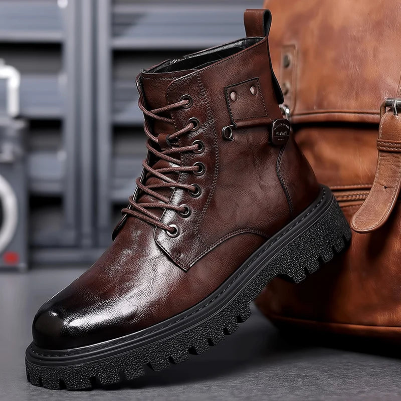 Luxury Brand Men Genuine Leather Stylish Ankle Boots Winter Classic Lace-up Antiskid Thick Bottom Boots Men Casual Leather Shoes