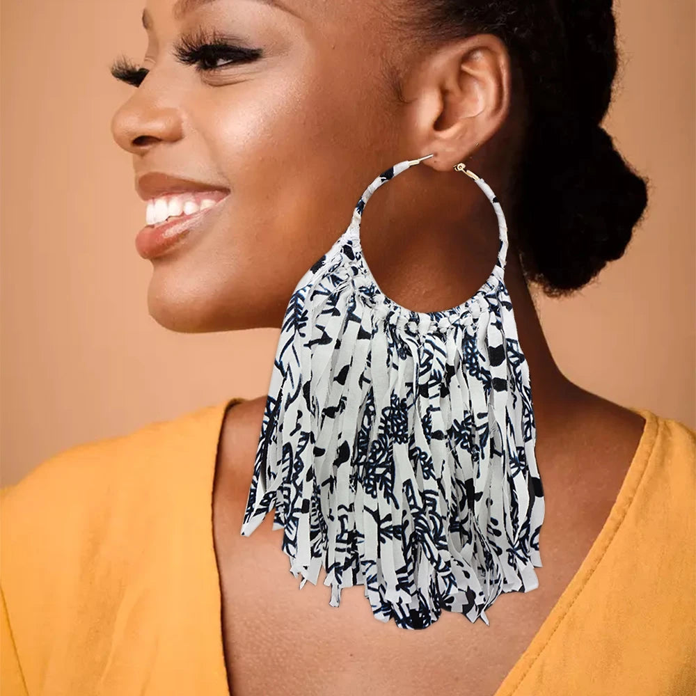 African Fabric Earrings Handmade Drop Tassels Earrings For Women Ethnic African Print Ankara Big Oversized Earings Daily Wear