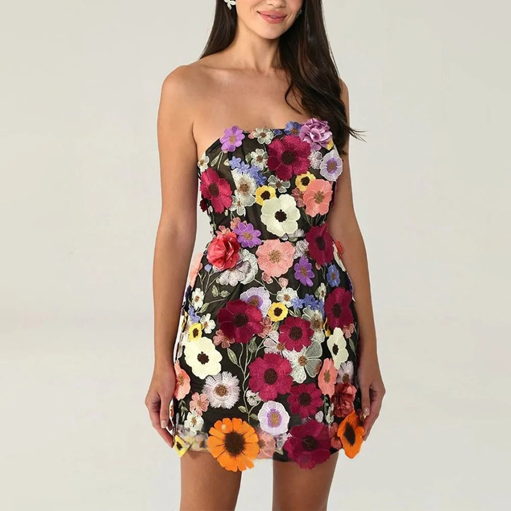 Women's 3D Floral Embroidery Backless Sleeveless Mini Dress Self Tie Evening Gown Elegant Short Dress for Party Cocktail Wedding