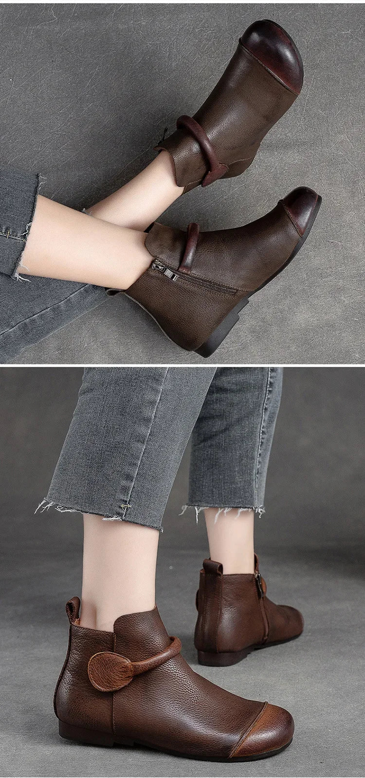 Retro Women Short Ankle Boots 2024 Autumn Winter Faux Cow Leather Slip-on Shoes Handmade Round Toe Light Weight Flat Booties