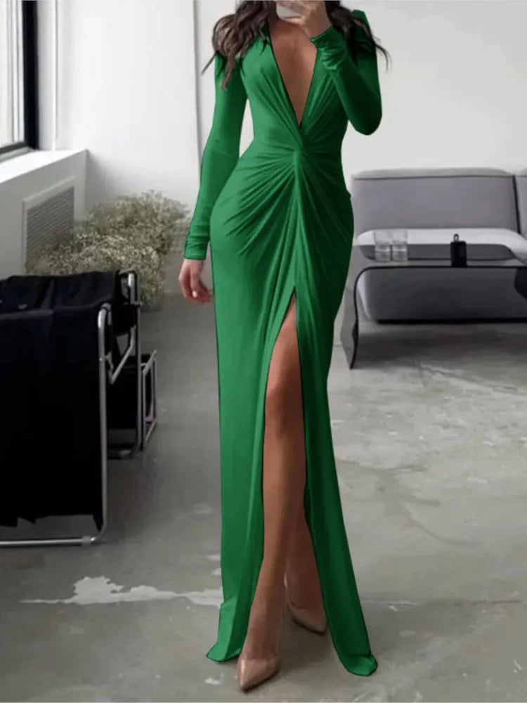 Women Maxi Dress Autumn 2023 New Fashion Sexy Slit V Neck Long Sleeve Solid Slim Pleated Evening Party Prom Dresses