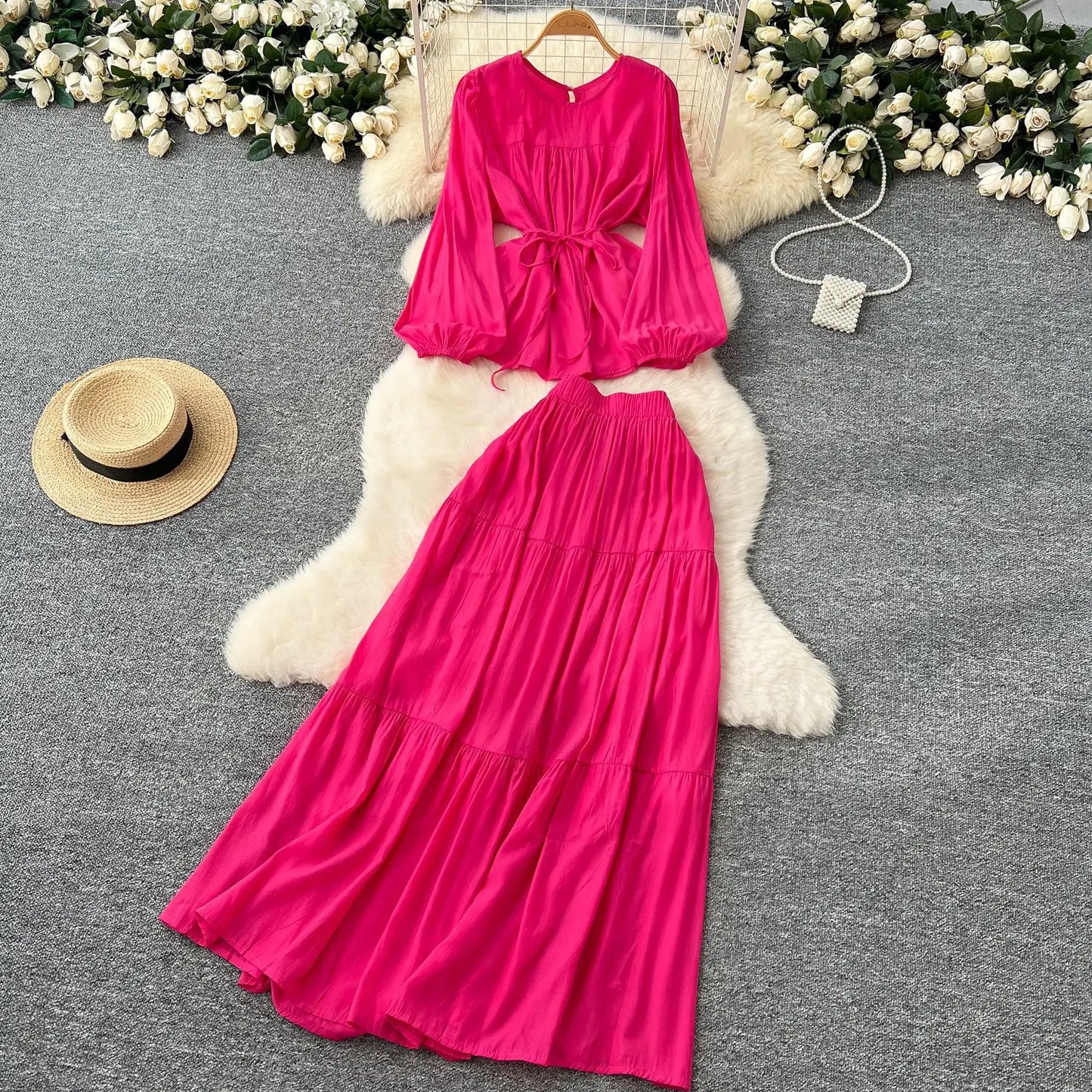 Skirt Set Women Dress Sets Two Piece Sets Round Neck Elegant Casual Loose Tops A Line Long Skirts Elastic Waist Y2k Streetwear