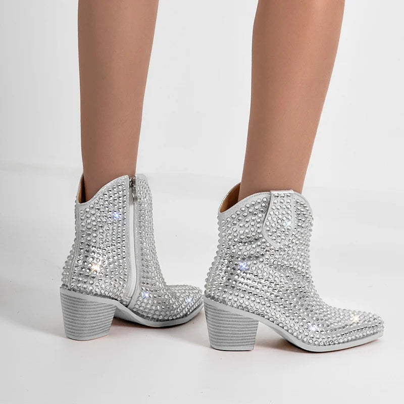 Onlymaker Pointed Toe Rhinestone Ankle Boots Glitter Bling Shiny Super Pretty Gorgeous Artificial Diamond Westen Cowgirl  Boots