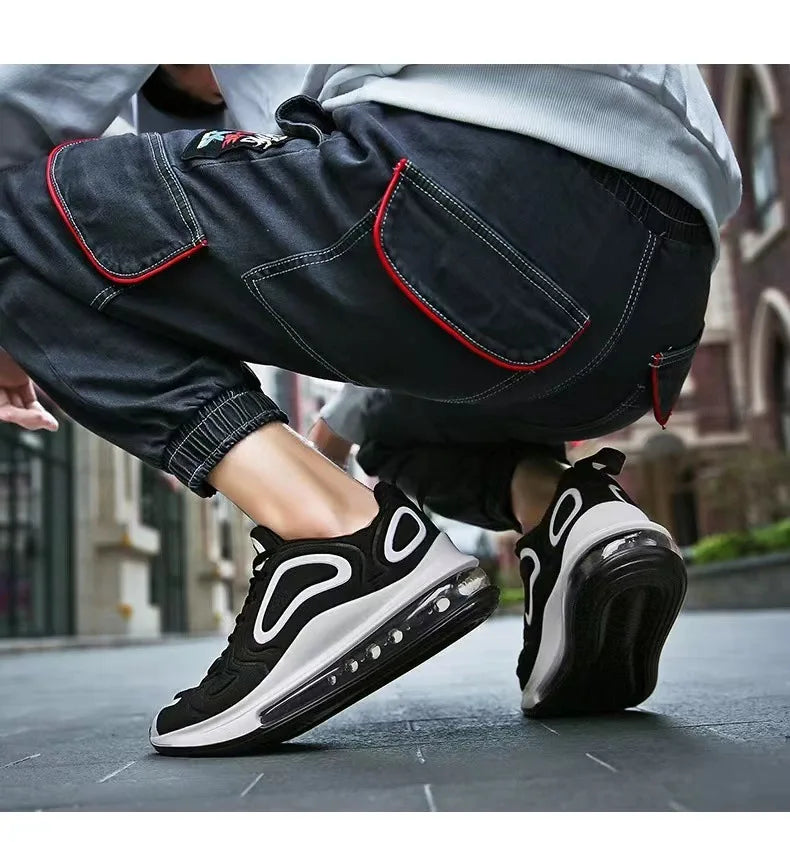 Low-Top Running Shoes Men's Large Size Air-Cushioned Casual Thick-Heeled Breathable Wear-Resistant Stripe Pattern Sports Shoes