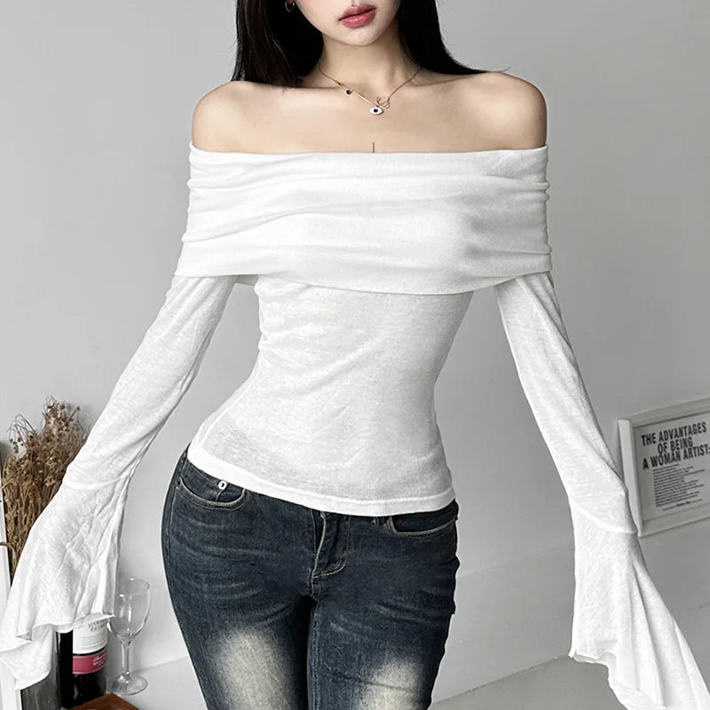 Y2k Aesthetic Women Translucence Tee Shirts Slash Neck Long Sleeve Solid Casual T-Shirts Vintage Off Shoulder Sexy Cute Tshirts