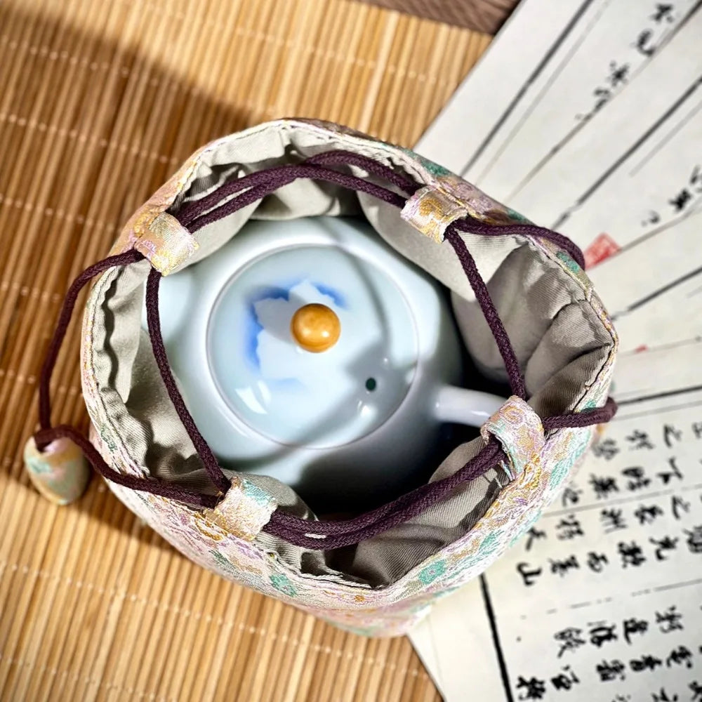 Chinese Style Tea Set Organizer Bag Embroidered Breakage-proof Teacup Drawstring Cloth Pouch Tea Ceremony Accessories