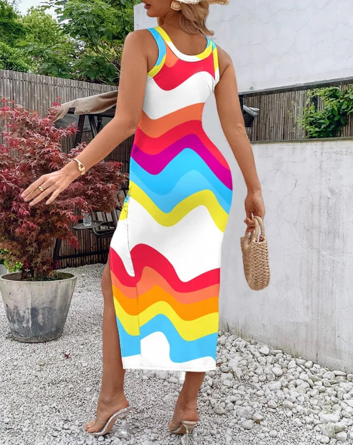 Women's Sexy Hot Girl Style Drawstring Split Slim Vest Dress Summer Fashion Mid-waist Sleeveless Suspender U-neck Dresses