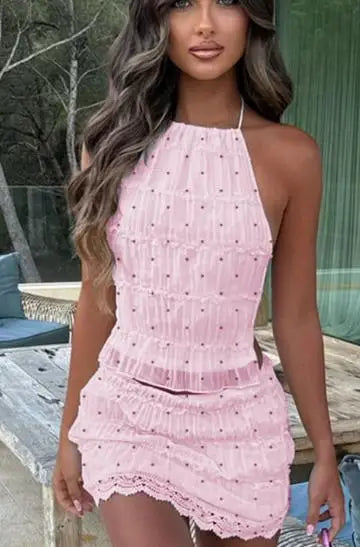 Pleated Halter Lace Up Top Women's Skirt Suits Women Sexy Ruffled Crop Top Lace Trim Mini Skirts 2026 Summer Lady Beach Outfit