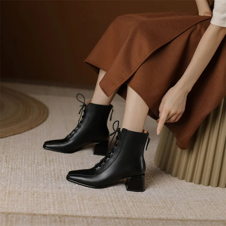 2026 Fashion Women Shoes Split Leather Short Boots Square Toe Chunky Boots Winter Shoes Women Solid High Heel Boots for Women