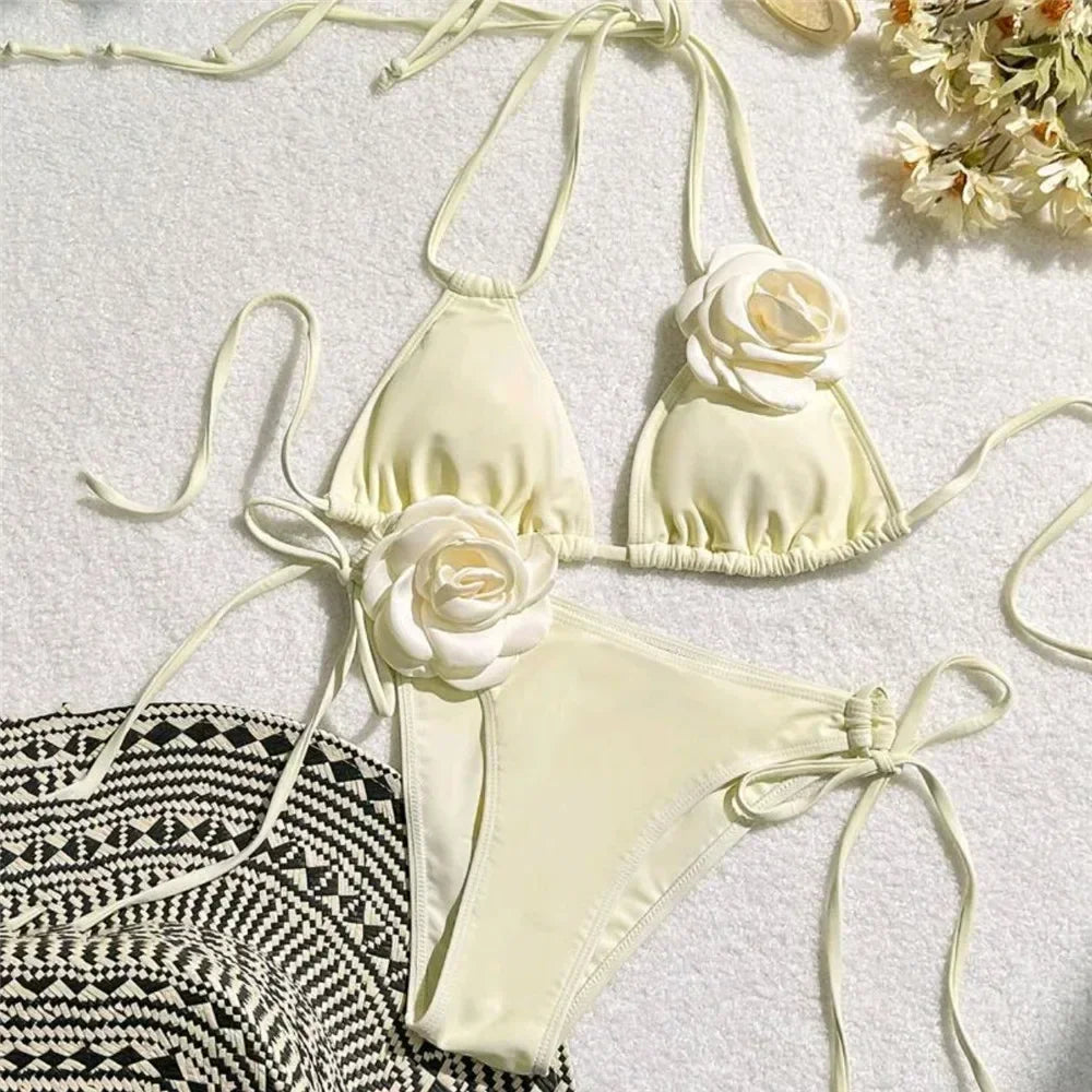 Sexy Rose Flower Bikini Beachwear  Swimwear Thong Bikini Women Swimsuits Swimming Bathing  Brazilian Bikinis Set Mujer Biquini