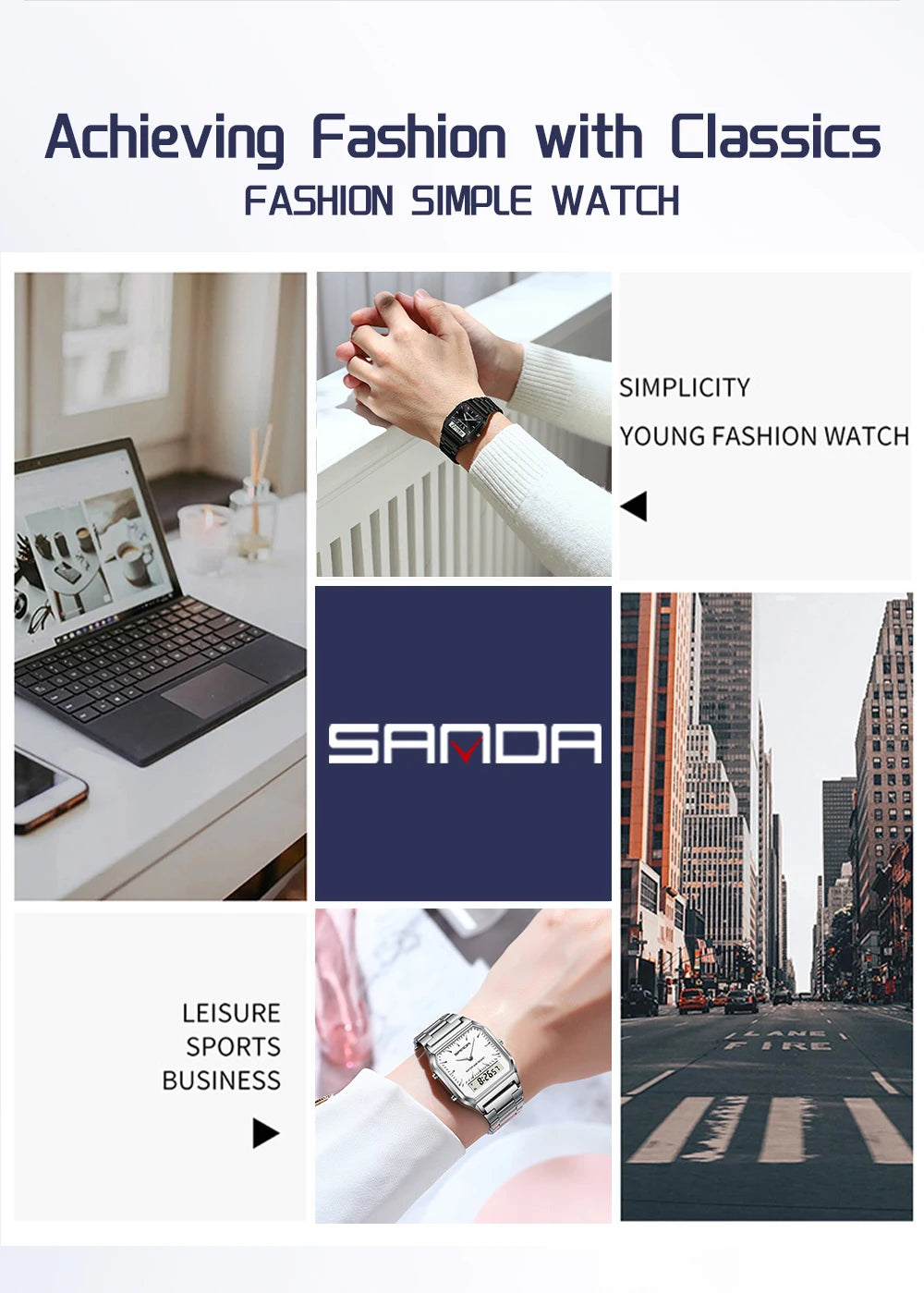 SANDA Men's and Women Watch Fashion Watches Business Style Alarm Clock Man Digital Wristwatch Square Dial Stainless Steel Strap