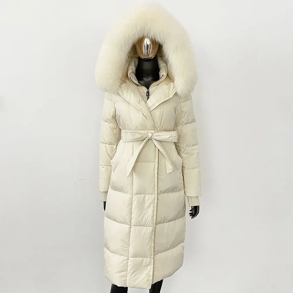 Down Jacket Women Winter Real Natural Fox Fur Hooded Detachable Collar Belt White Goose Down Coat Long Casual Elegant Overwears