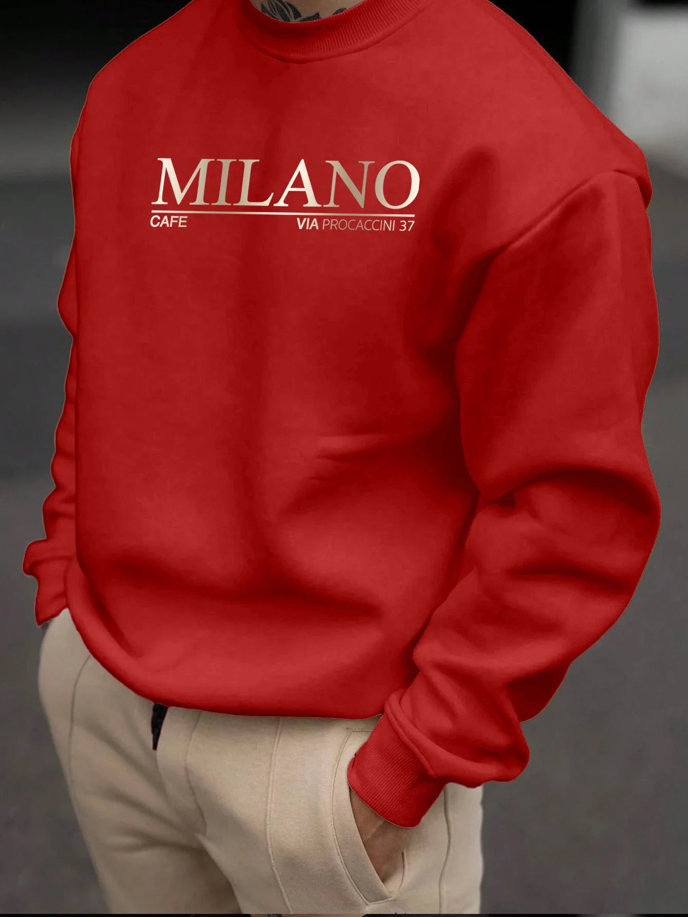 Men's autumn and winter casual loose and fashionable MILANO pattern printed long sleeved round neck sweatshirt versatile BAZAARHUBO