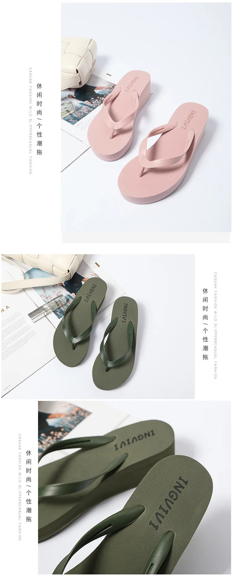 EOFK Women Flip Flops Wedges Casual Shinny Beach 3.5 Cm Height PVC Solid Summer Outside Slippers Soft Shoes