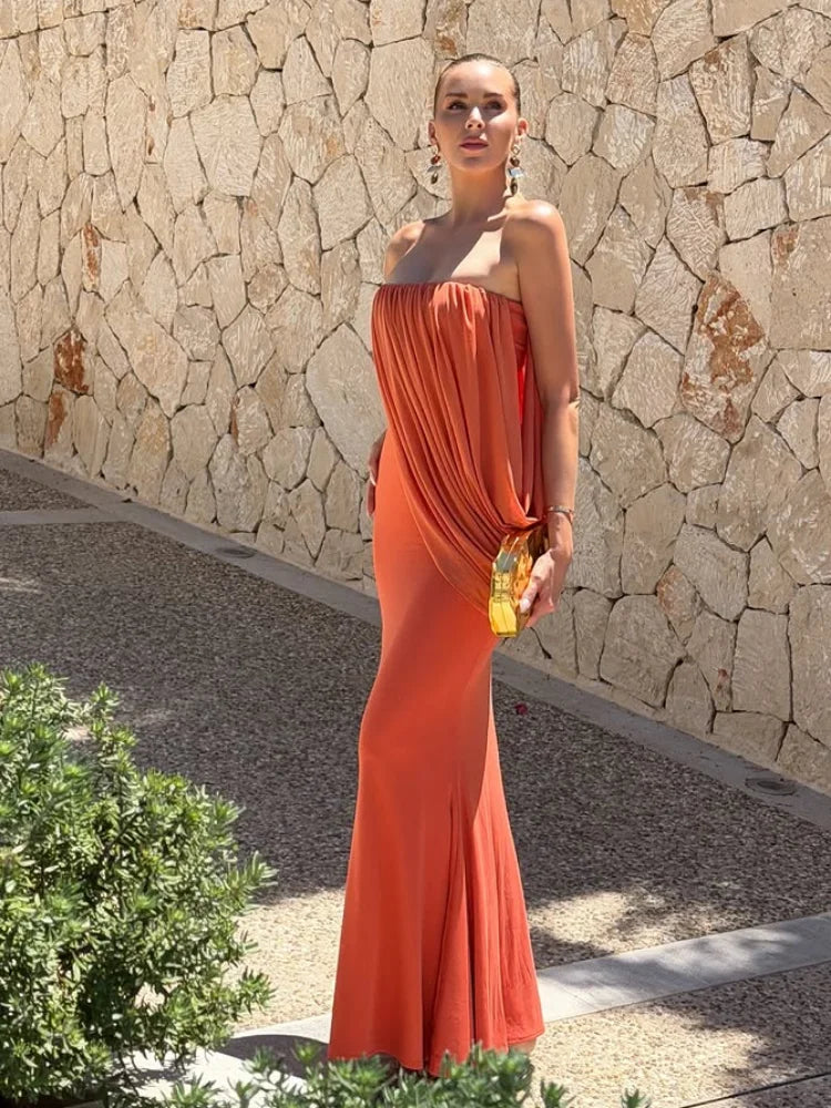 Resort Strapless Draped Mermaid Maxi Dress Cascading Diagonal Draped Bodycon Floor-length Robe Fashion Editorial Shooting Robes