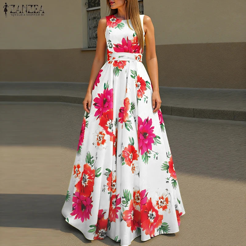 ZANZEA Women Floral Printed Bohemian Sundress 2026 Summer Tank Dress Fashion Sleeveless Waisted Robe Casual Party Maxi Dresses