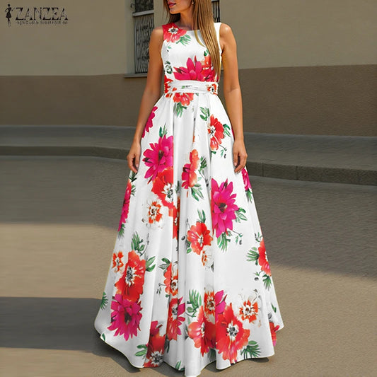 ZANZEA Women Floral Printed Bohemian Sundress 2026 Summer Tank Dress Fashion Sleeveless Waisted Robe Casual Party Maxi Dresses