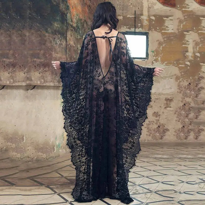 Sexy Lace Beach Bikini Cover Up Robe Pareo Beachwear Swimwear Women Dress Black White Swimsuit Hollow Out See-through Vacation