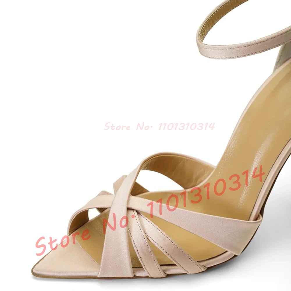Nude Cross Strap High Heels Sandals Ladies Trendy Open Pointy Toe Classy White Satin Sandal Women Dress Ankle Strap Casual Shoes