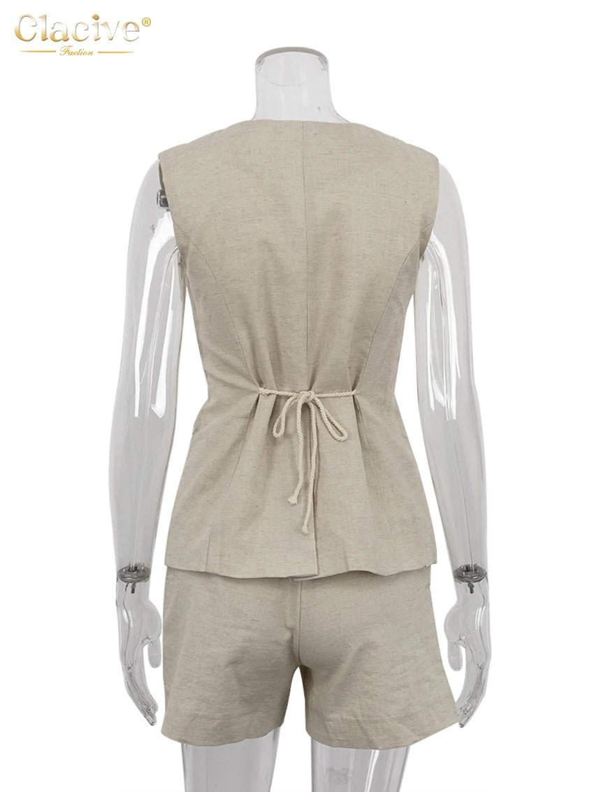 Clacive Summer Slim Khaki Linen 2 Piece Sets Women Outfit 2024 Fashion Sleeveless Tank Top With High Waist Shorts Set Female