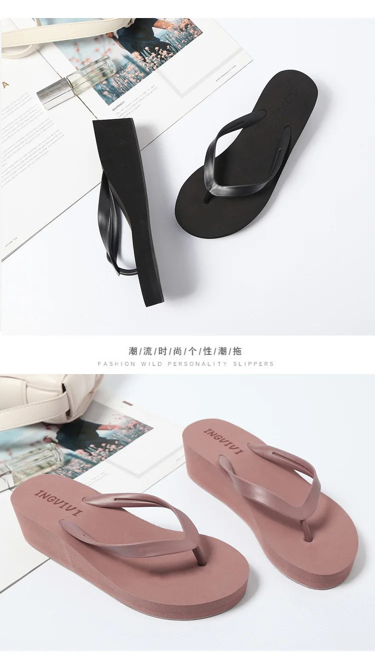 EOFK Women Flip Flops Wedges Casual Shinny Beach 3.5 Cm Height PVC Solid Summer Outside Slippers Soft Shoes