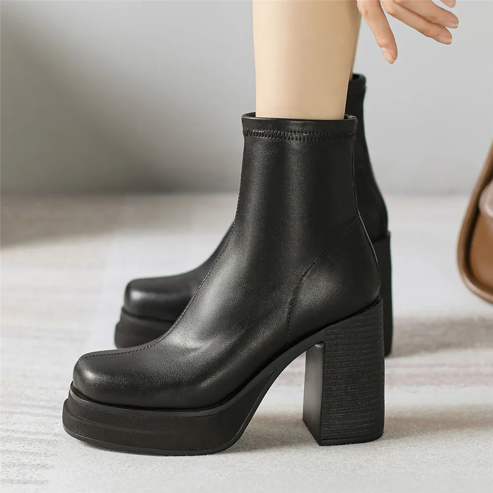 2025 NEW Brand Women Autumn Winter Boots Sexy High Heels Platform Black Brown Side Zip Shoes Woman Ankle Boots Size 33-41