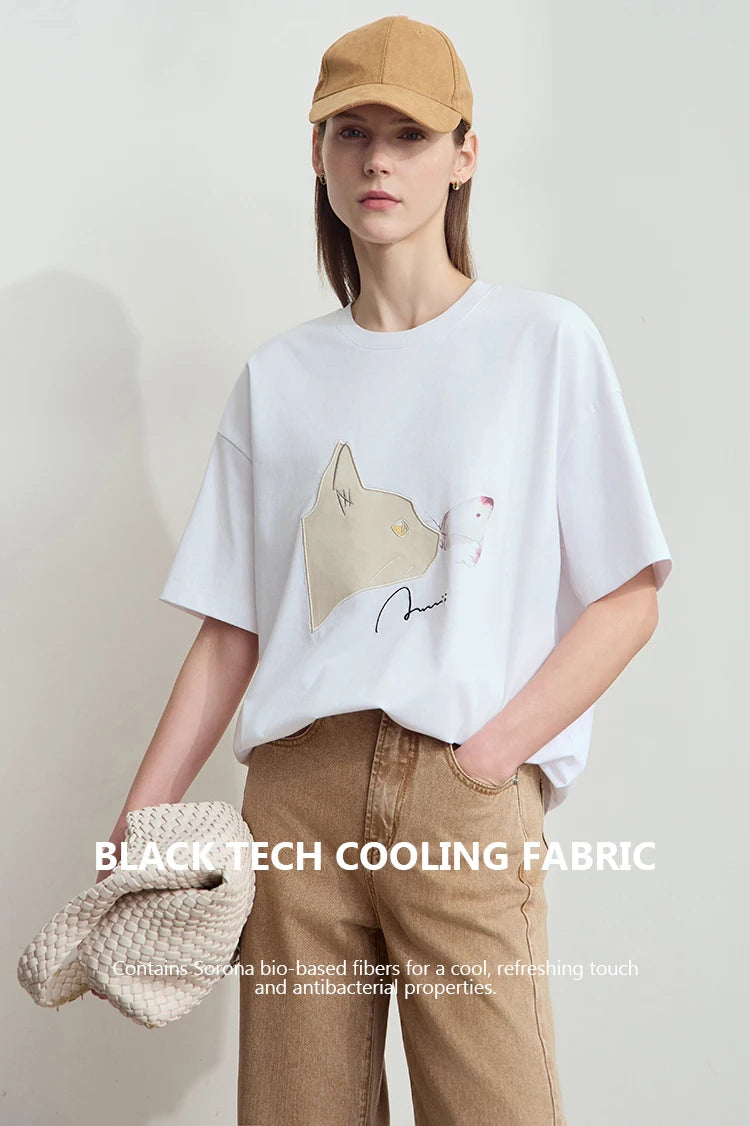 AMII Summer Casual T-shirt for Women 2025 Print Round Neck Short Sleeve Shirts Lady Fashion New Loose Clothes Woman 12522007