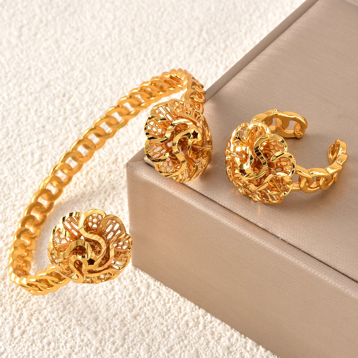 African Gold Plated Floral Cuff Bangle  Ring Set for Women Arabic Pattern Daily Jewelry Gift