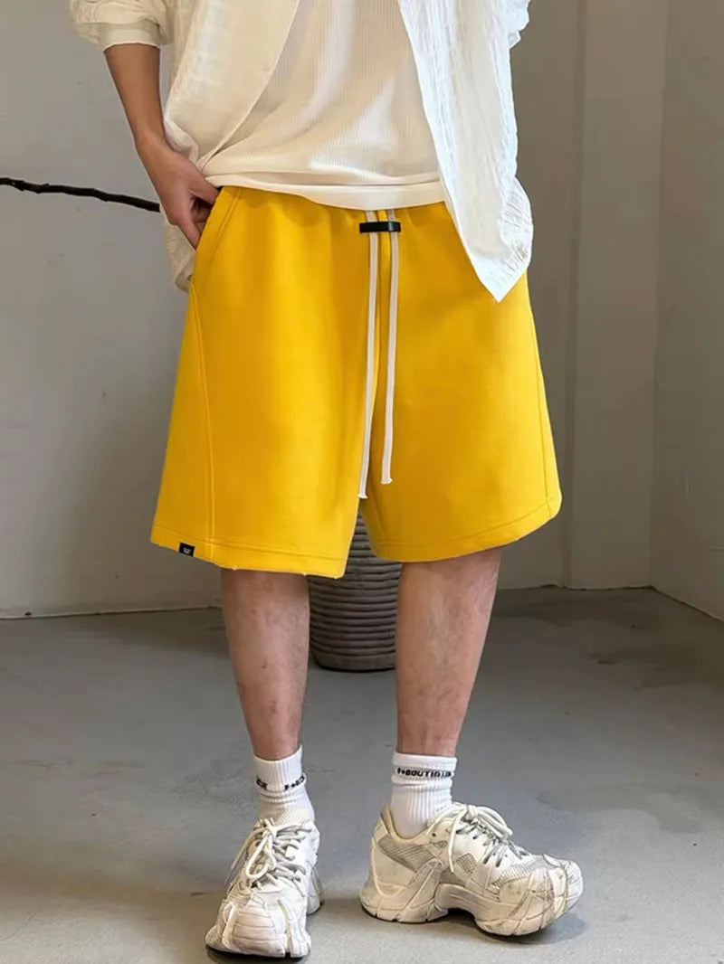Mens Summer Casual Shorts Loose Fit Elastic Waist Drawstring Streetwear Sweatpants Hip Hop Shorts Knee Length Straight Trousers
