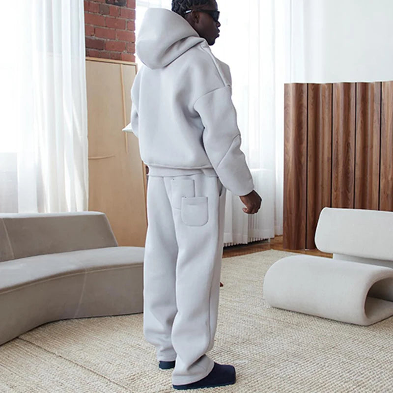 Men's Casual Solid Hooded Pullover Straight Pants 2 Piece Set Tracksuit For Fashion Loose Hoodies Sweatshirt Wide Leg Sweatpants