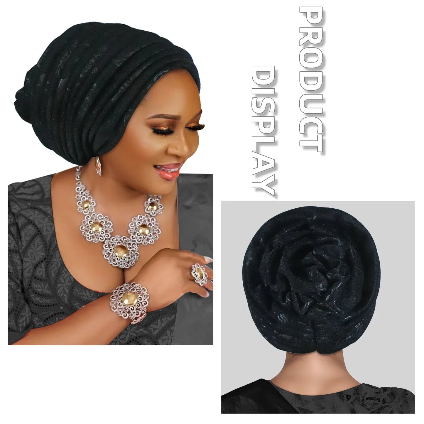 African Lady Headpiece Muslim Headscarf Hat Glitter Fabric Turban Cap for Women Pleated Head Wraps Bonnet