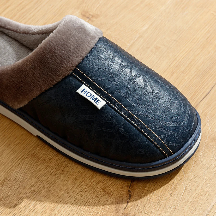 Big Size Men's slippers Winter Indoor Waterproof PU Leather Large Sizes Home Cotton shoes Fur Flat Cotton Bedroom Houseshoes
