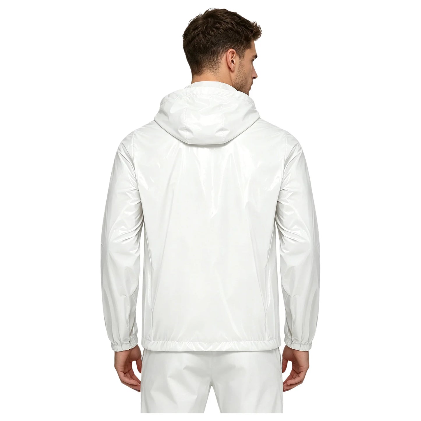 Men Shiny Glossy Hooded Jacket Windbreaker Raincoat for Hiking Fishing Biking Long Sleeve Front Zip-up Drawstring Hood Outerwear