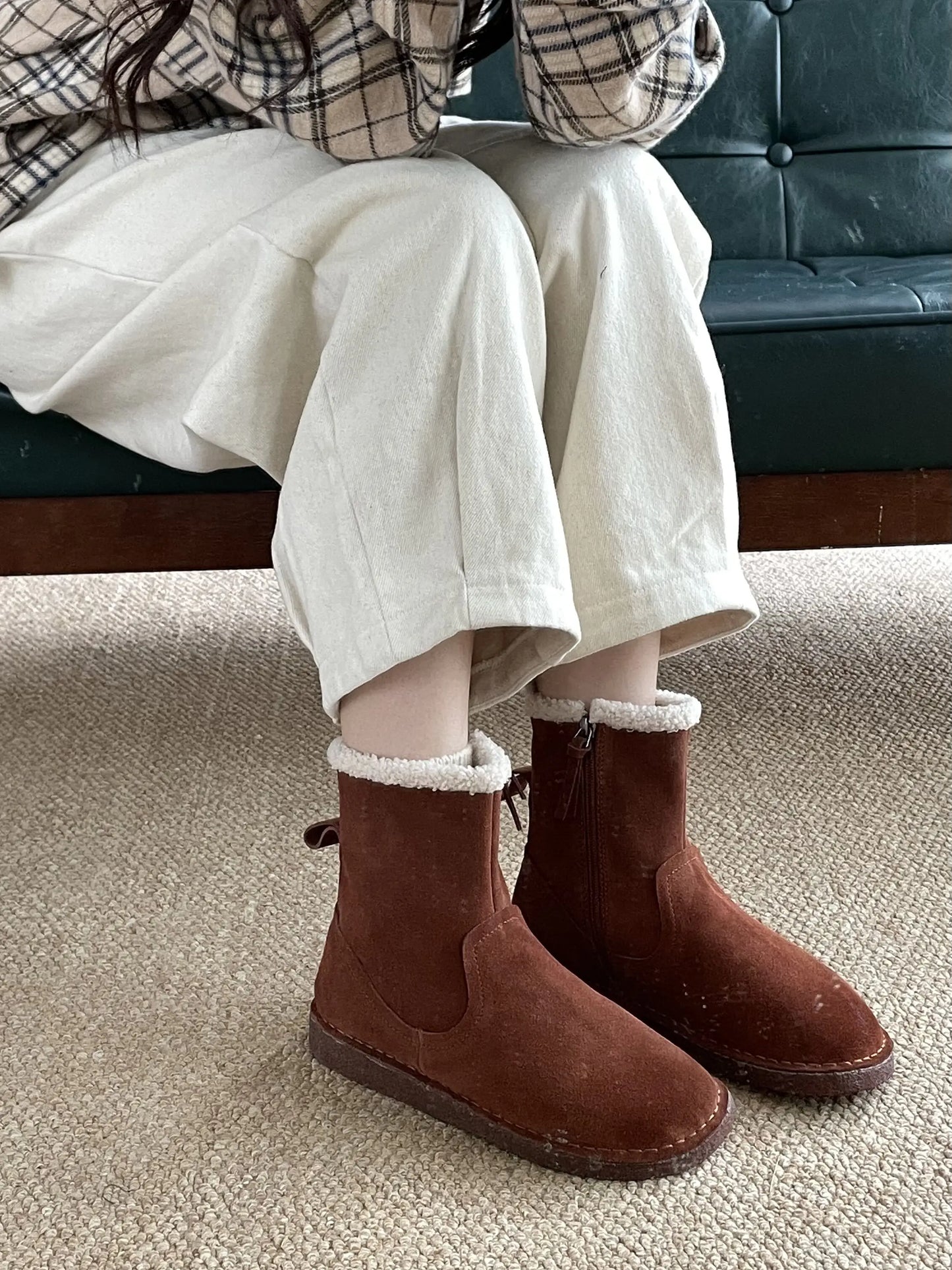 Careaymade-Genuine cow leather Snow cotton round head flats woolen short boots plush warm snow boots Oversized shoes size 35-43