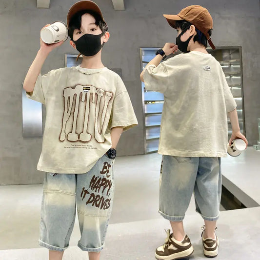 Boys Summer Fashion Casual Short Sleeved Cotton Tees+Denim Pants 2pcs Suits 6-13 Years Teenage Kids Streetwear Clothes Sets