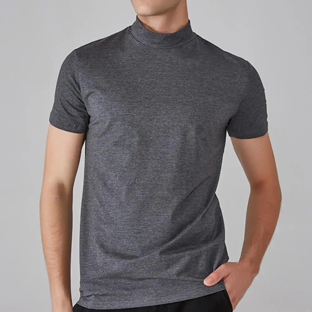 Summer Casual Short Sleeve T-shirt For Men Half High Collar Slim Fit T-shirt Solid Color Elastic Thin Pullover Tee Shirt