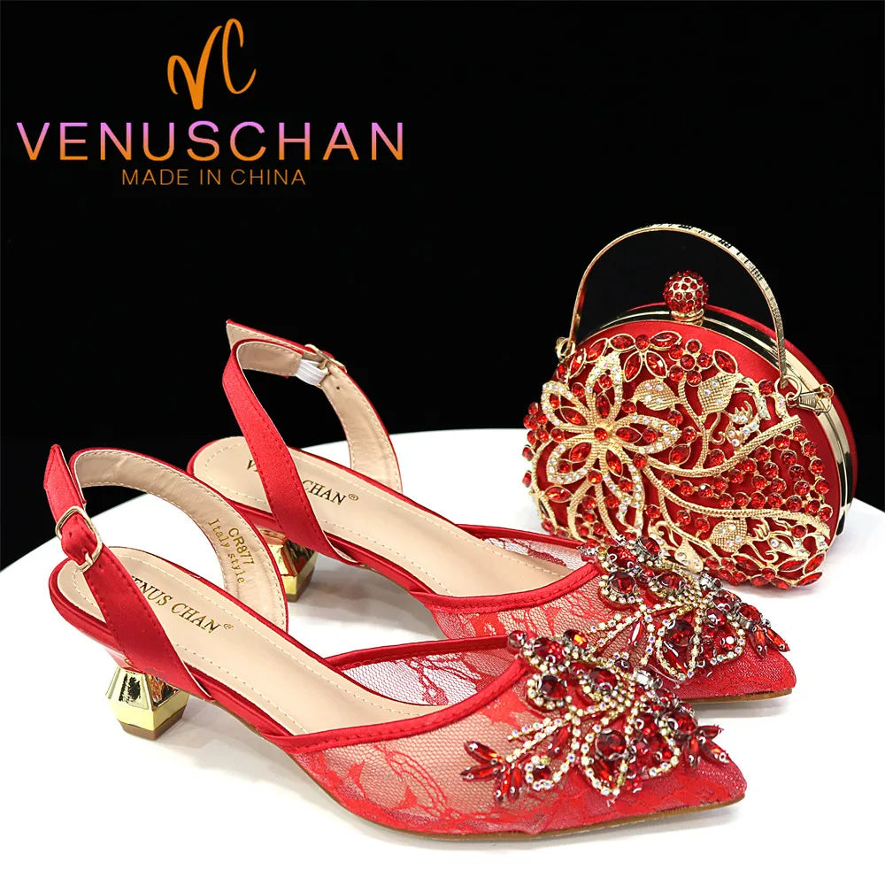 African Fachion Evening Shoes And Matching Bags Italian Design Ladies Diamond Bag High-Heeled Pointed Toe Women's Shoes