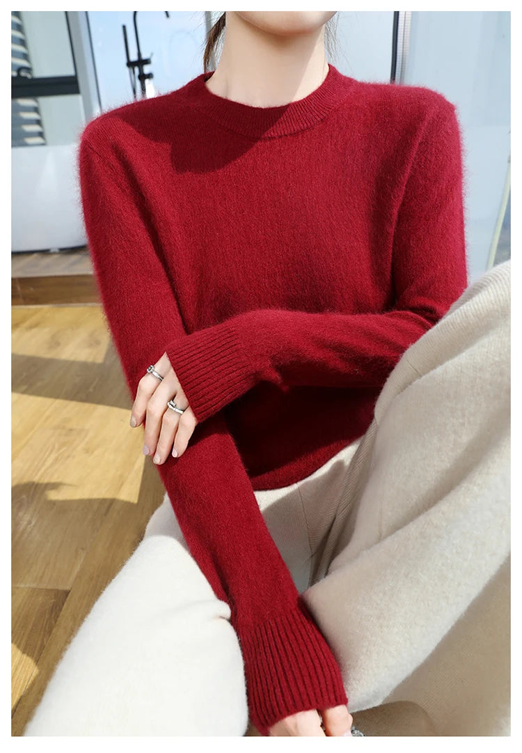 Autumn and winter women's semi high neck pullover sweater solid color knitted slim fit women's 100 mink cashmere sweater new sty