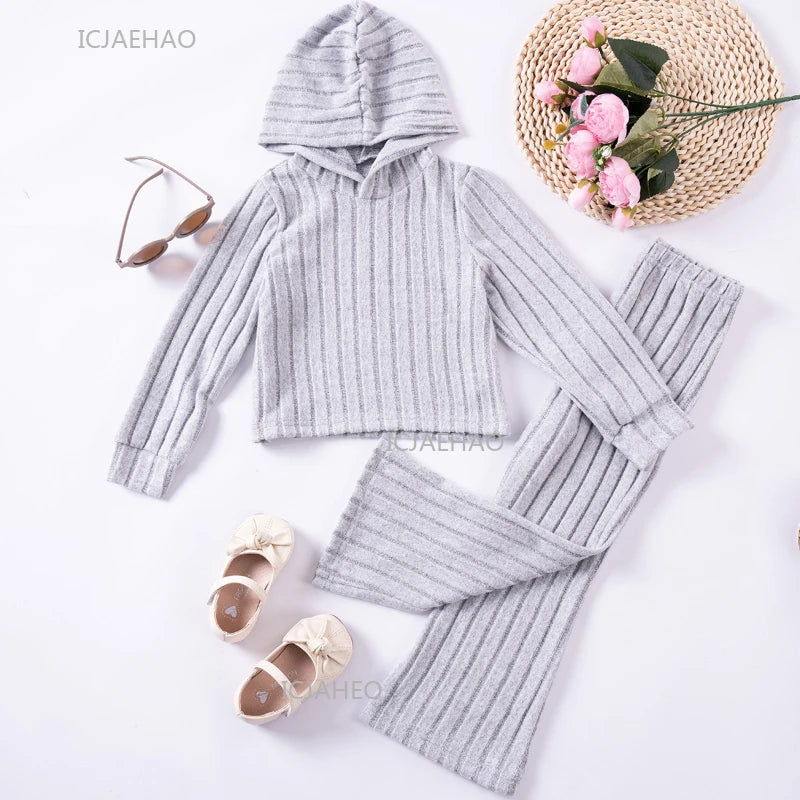 Girls Children Outfit Set Hooded Knit Sweater Long Sleeve Solid Pants Casual Clothing for Kids Toddler Daily Wear Autumn Spring