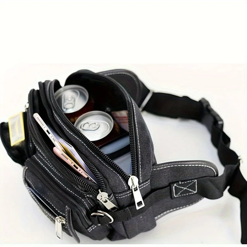 Fashionable Multi Layer Zipper Waist Bag Fanny Pack, Canvas Retro Basic Chest Crossbody Bag Men's Sports Running Phone Pocket