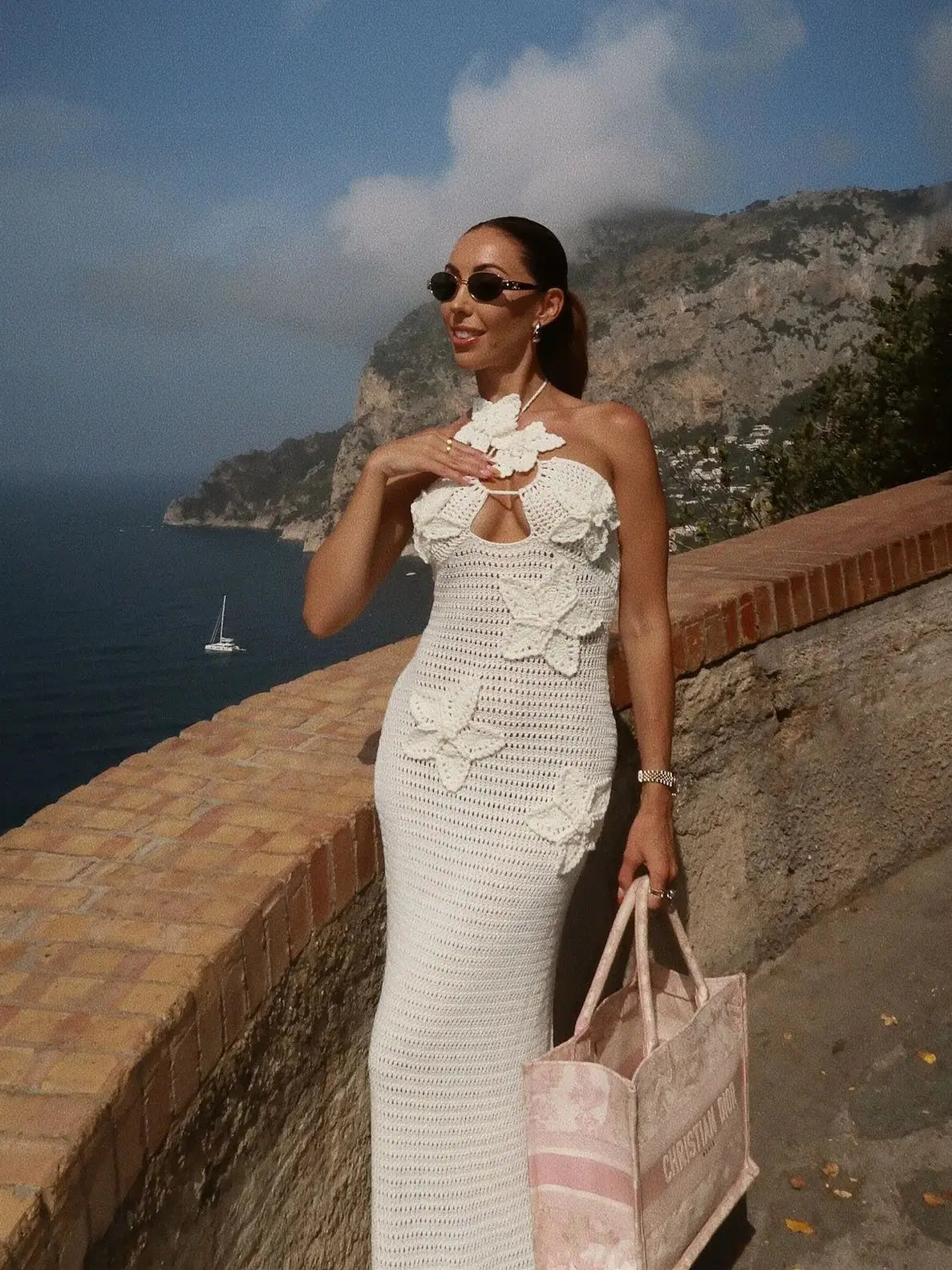 Sexy 3D Flower Knitted Dress Women  Hollow Out Halter Sleeveless Beach Long Dresses Female 2024 Summer Vacation Ladies Vestidos