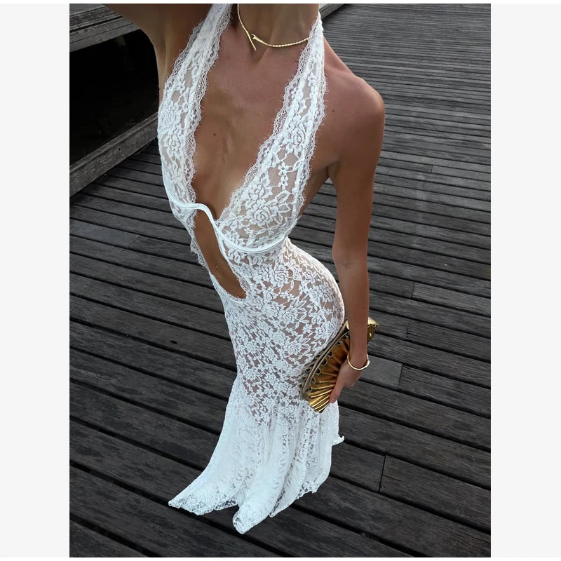 Solid Lace Halter Maxi Dress Sexy Cutout Waist Sheer Slim Fit Fishtail Long Gowns Women's Summer Evening Party Robes 2026 New