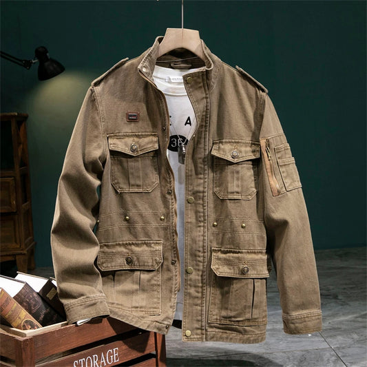 American Retro Style Men's Spring Casual Jackets Heavyweight Cotton Multi-Pockets Loose Cargo Jacket Fashion Outerwear